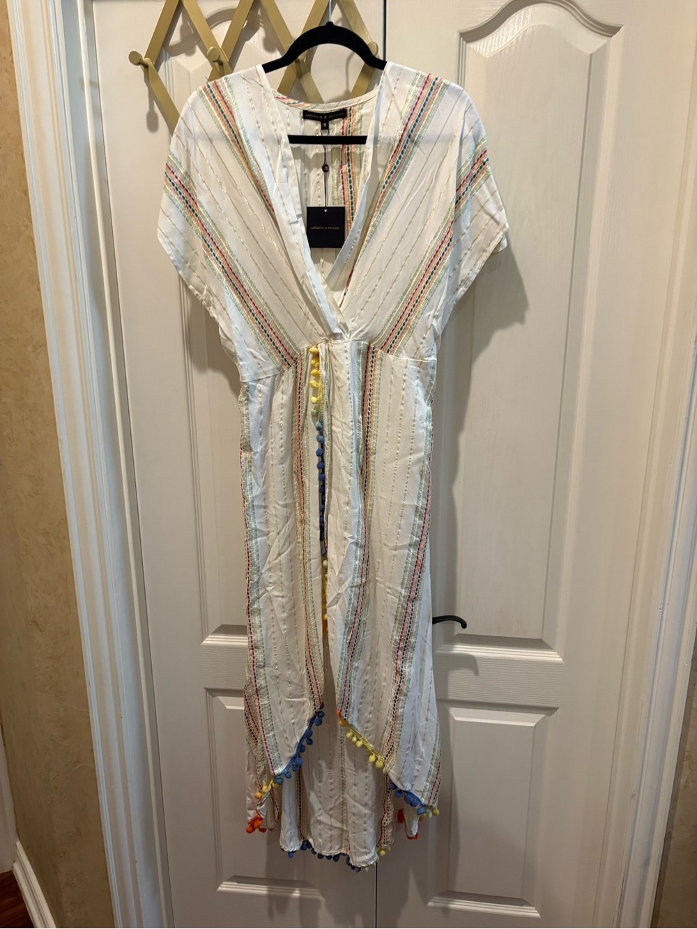 White Striped V-Neck Midi Dress with Pom Trim